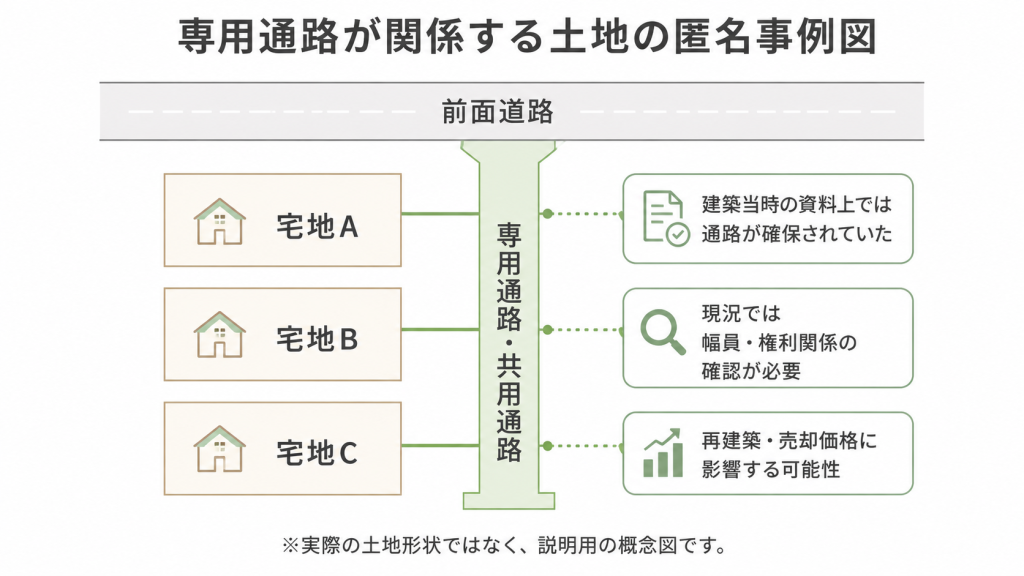専用通路が関係する土地で道路幅員や権利関係の確認が必要になる匿名事例図