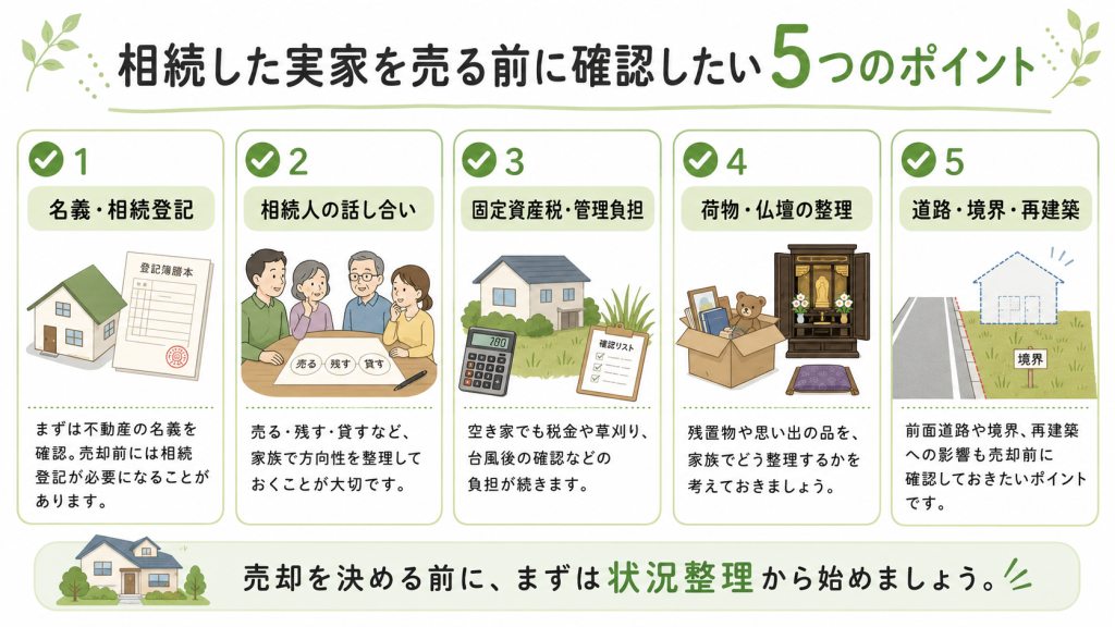 相続した実家を売る前に確認したい名義・相続登記・相続人の話し合い・固定資産税・残置物・道路境界のチェックリスト