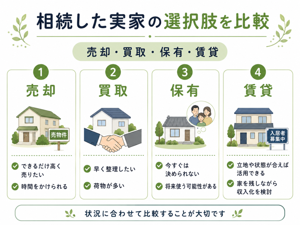 相続した実家の売却・買取・保有・賃貸の選択肢を比較した図