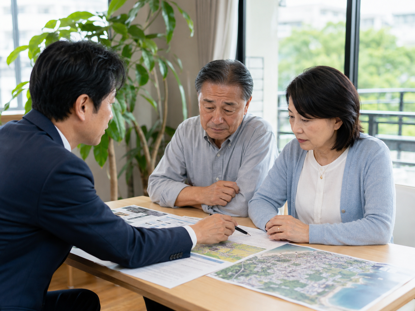 相続や共有名義の軍用地について家族で相談する様子